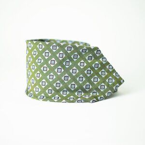 Vintage 70s Silk Geometric Tie Olive Green Retro Designer Menswear Rubinacci